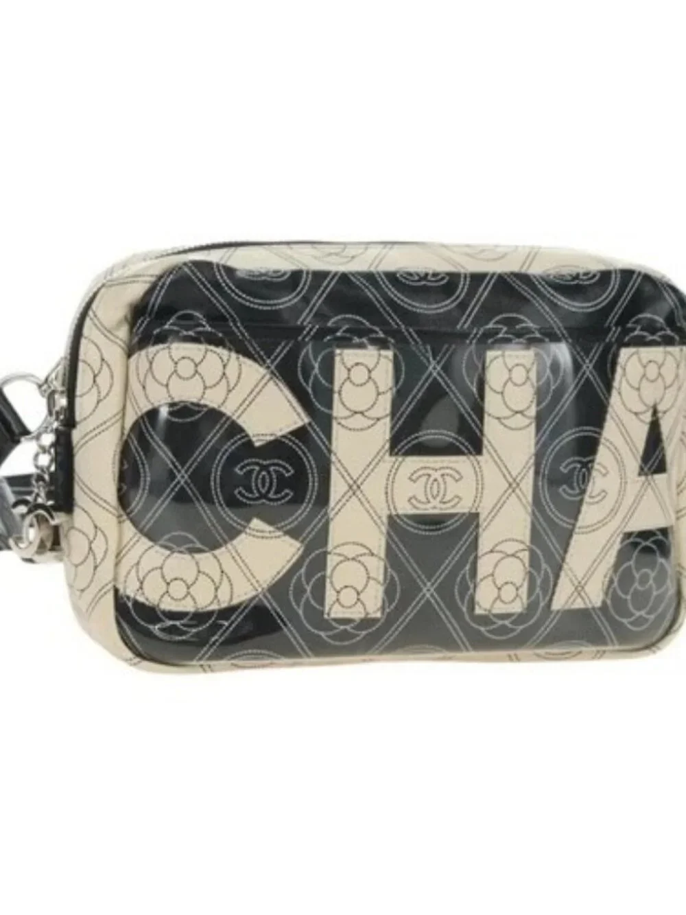 CHANEL Camelia Shoulder Bag Coated Canvas White Black CC Auth 182034SAV